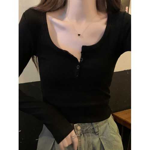 半開領辣妹修身t恤女打底衫春季新款2024美拉德螺紋紐釦長袖上衣