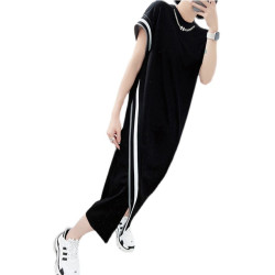 大碼300斤歐貨輕奢設計感連衣裙2023夏新胖mm過膝寬松遮肉T恤裙子