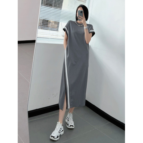 大碼300斤歐貨輕奢設計感連衣裙2023夏新胖mm過膝寬松遮肉T恤裙子