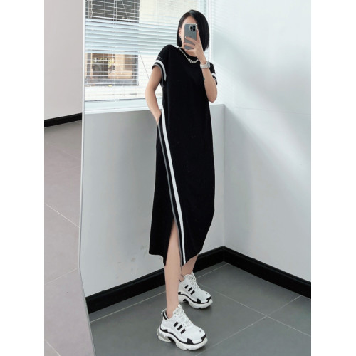 大碼300斤歐貨輕奢設計感連衣裙2023夏新胖mm過膝寬松遮肉T恤裙子