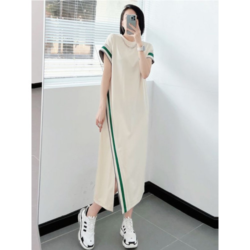 大碼300斤歐貨輕奢設計感連衣裙2023夏新胖mm過膝寬松遮肉T恤裙子