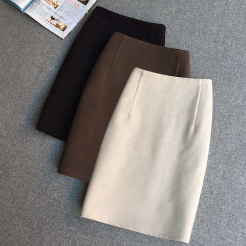 韓版毛呢裙半身裙女2025秋冬新款高腰純色彈力中裙包臀裙一步裙子