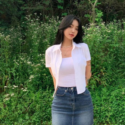 襯衫女2025春夏純欲風收腰性感辣妹短袖上衣白色短款修身襯衣女潮 襯衫女2025春夏純欲風收腰性感辣妹短袖上衣白色短款修身襯衣女潮