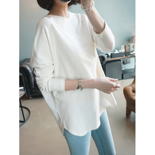 2025大碼中長款寬松純棉白色T恤女內搭長袖打底衫上衣春秋冬加絨