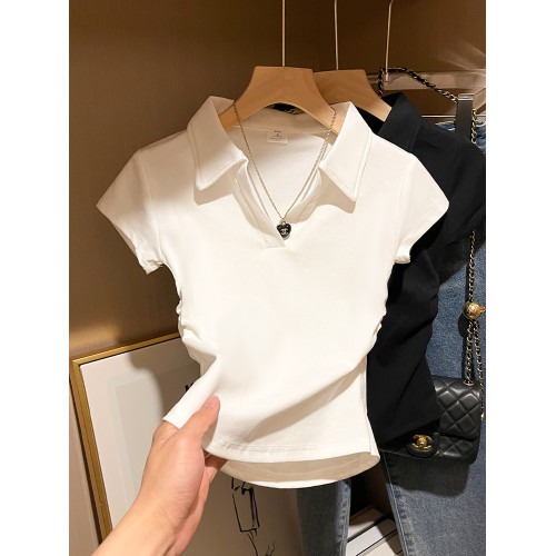 短袖T恤女2025年夏季白色polo領翻領上衣短款收腰修身休閒設計感