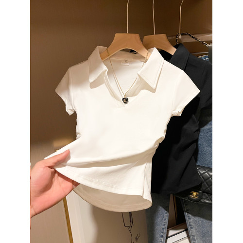 短袖T恤女2025年夏季白色polo領翻領上衣短款收腰修身休閒設計感