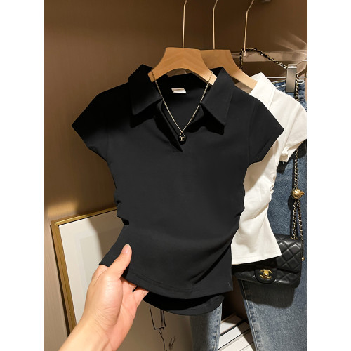 短袖T恤女2025年夏季白色polo領翻領上衣短款收腰修身休閒設計感