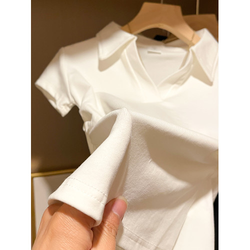 短袖T恤女2025年夏季白色polo領翻領上衣短款收腰修身休閒設計感