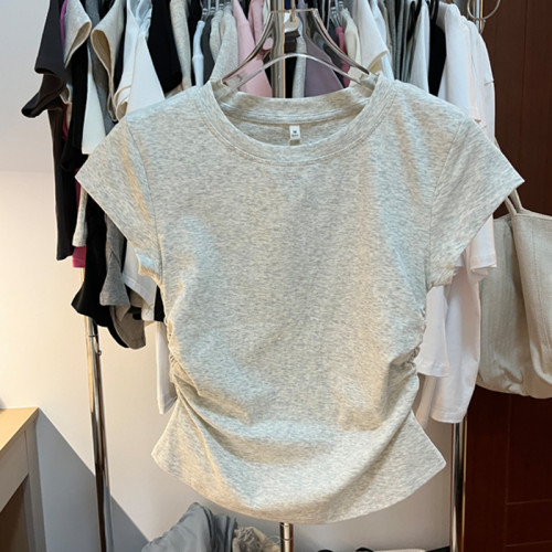 歐美純色正肩t恤短袖女夏修身顯瘦別致短款卡腰百搭收腰灰色上衣