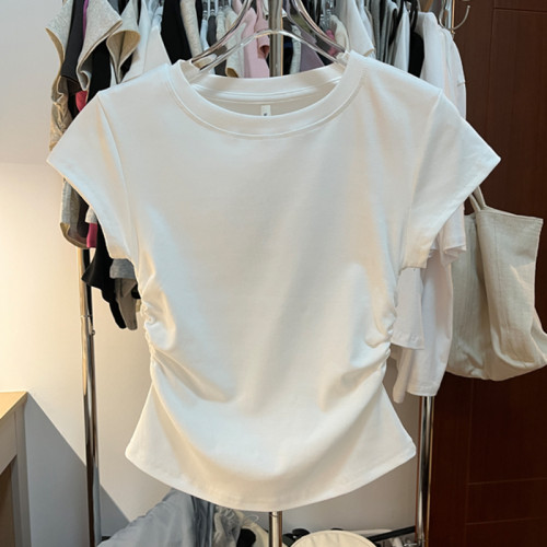 歐美純色正肩t恤短袖女夏修身顯瘦別致短款卡腰百搭收腰灰色上衣