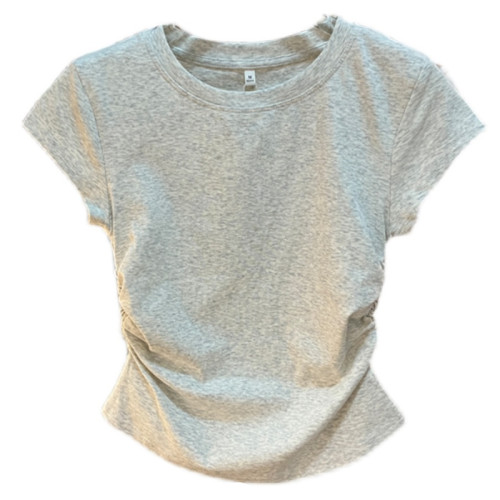 歐美純色正肩t恤短袖女夏修身顯瘦別致短款卡腰百搭收腰灰色上衣