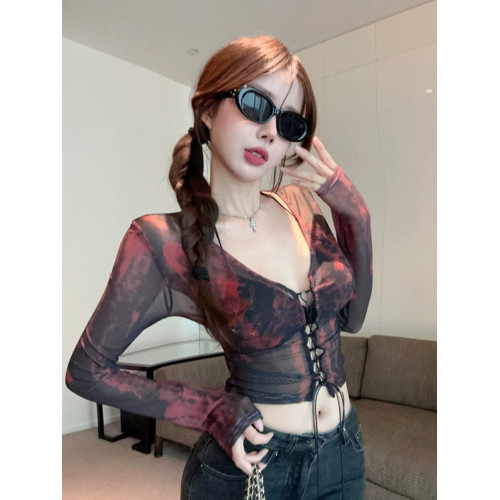 性感辣妹蝴蝶綁帶印花超短開衫女春網紗露臍上衣 性感辣妹蝴蝶綁帶印花超短開衫女春網紗露臍上衣