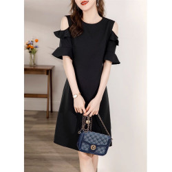 法式氣質連衣裙女2025夏季新款黑色高級感露肩荷葉袖中長款a字裙