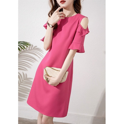 法式氣質連衣裙女2025夏季新款黑色高級感露肩荷葉袖中長款a字裙