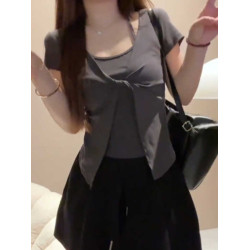 大碼女裝純棉假兩件掛脖短袖t恤夏季胖mm顯瘦遮肚子純欲甜辣上衣