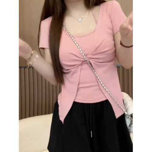 大碼女裝純棉假兩件掛脖短袖t恤夏季胖mm顯瘦遮肚子純欲甜辣上衣