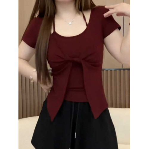 大碼女裝純棉假兩件掛脖短袖t恤夏季胖mm顯瘦遮肚子純欲甜辣上衣