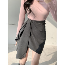 灰色一片式系帶半身裙女夏季純色顯瘦小衆設計感西裝短裙子可調節