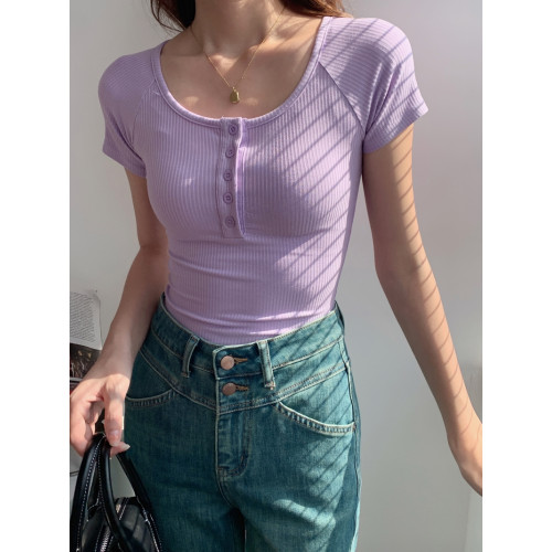 純欲風高腰圓領短款百搭修身打底單排釦性感緊身顯瘦短袖T恤上衣