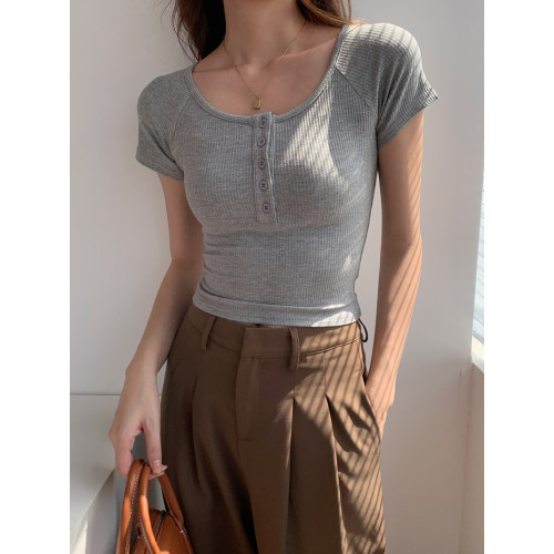 純欲風高腰圓領短款百搭修身打底單排釦性感緊身顯瘦短袖T恤上衣