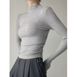 港味chic半高領打底衫冬長袖T恤女春秋修身短款褶皺獨特別致上衣