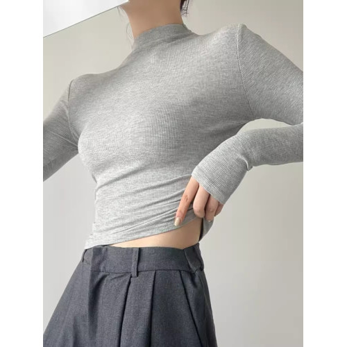 港味chic半高領打底衫冬長袖T恤女春秋修身短款褶皺獨特別致上衣 港味chic半高領打底衫冬長袖T恤女春秋修身短款褶皺獨特別致上衣