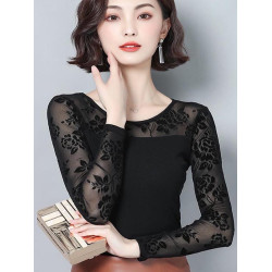 高領網紗長袖打底衫春裝新款大碼薄款彈性透氣純色紗衣t恤女上衣