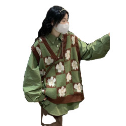 胖MM200斤特大碼套裝甜美小花拼色曡穿針織毛衣馬甲背心綠色襯衫