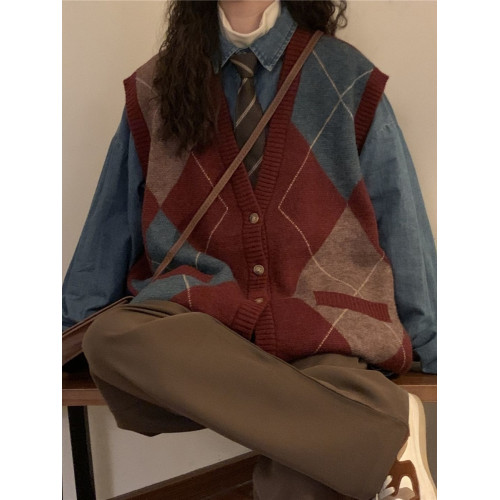 胖MM200斤特大碼民族風復古菱格針織馬甲開衫秋寬松百搭毛衣外套