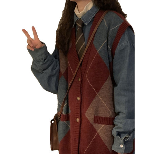 胖MM200斤特大碼民族風復古菱格針織馬甲開衫秋寬松百搭毛衣外套