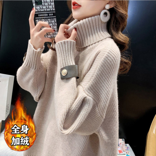 高領毛衣女加絨加厚中長款2025秋冬新款韓版寬松兩翻領打底針織衫