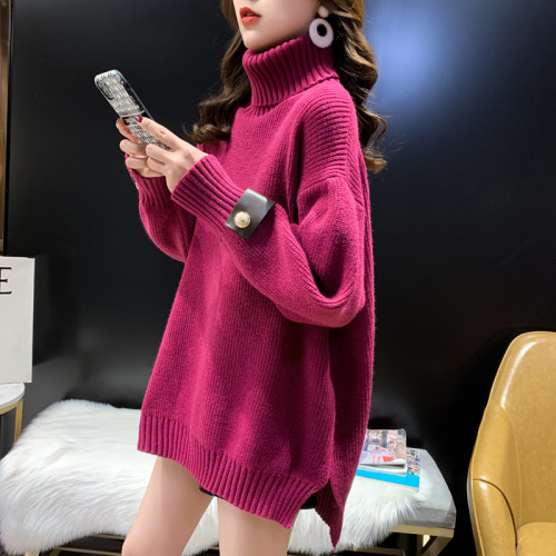 高領毛衣女加絨加厚中長款2025秋冬新款韓版寬松兩翻領打底針織衫