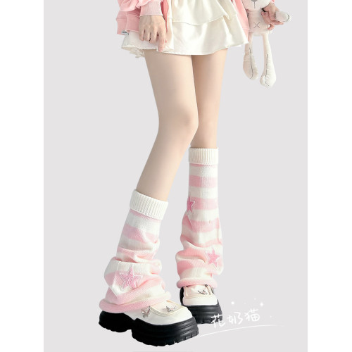 原創y2k亞文化粉色條紋腿套女星星珍珠毛線針織襪套lolita堆堆襪 原創y2k亞文化粉色條紋腿套女星星珍珠毛線針織襪套lolita堆堆襪