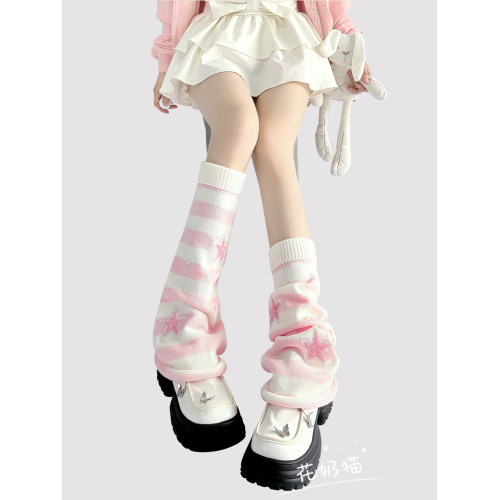 原創y2k亞文化粉色條紋腿套女星星珍珠毛線針織襪套lolita堆堆襪 原創y2k亞文化粉色條紋腿套女星星珍珠毛線針織襪套lolita堆堆襪