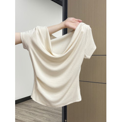法式一字肩短袖T恤女夏季甜辣小衆設計感褶皺修身收腰絕美小上衣