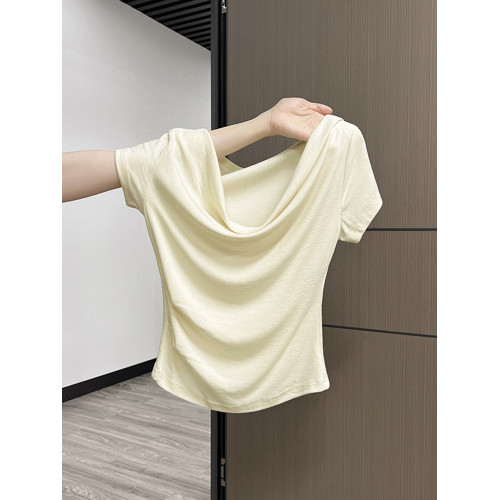 法式一字肩短袖T恤女夏季甜辣小衆設計感褶皺修身收腰絕美小上衣