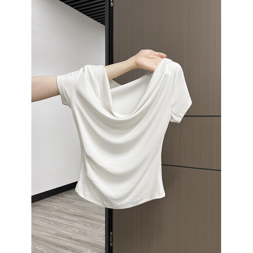 法式一字肩短袖T恤女夏季甜辣小衆設計感褶皺修身收腰絕美小上衣