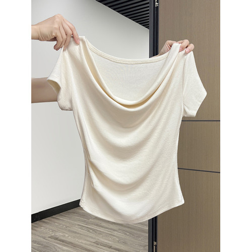 法式一字肩短袖T恤女夏季甜辣小衆設計感褶皺修身收腰絕美小上衣