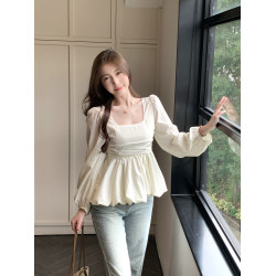 大碼胖mm韓版方領娃娃衫女秋季修身遮肚子顯瘦高級感長袖襯衫上衣