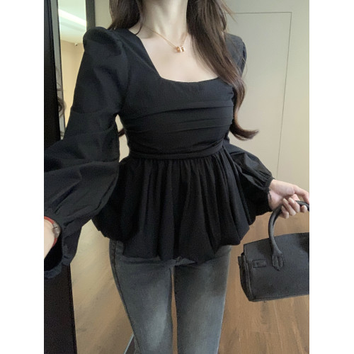 大碼胖mm韓版方領娃娃衫女秋季修身遮肚子顯瘦高級感長袖襯衫上衣