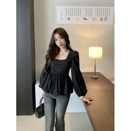 大碼胖mm韓版方領娃娃衫女秋季修身遮肚子顯瘦高級感長袖襯衫上衣