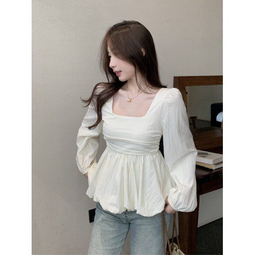 大碼胖mm韓版方領娃娃衫女秋季修身遮肚子顯瘦高級感長袖襯衫上衣