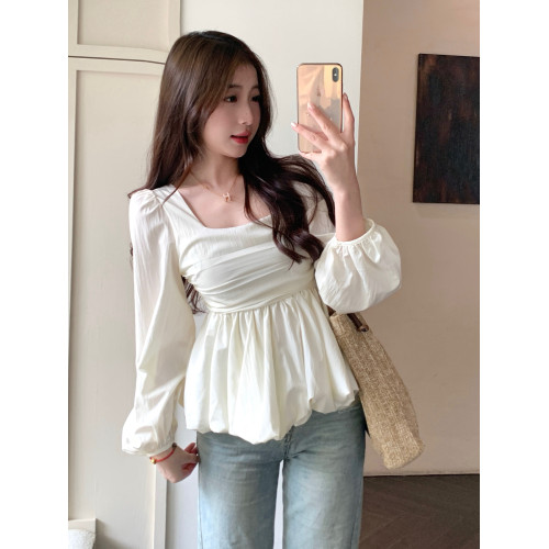 大碼胖mm韓版方領娃娃衫女秋季修身遮肚子顯瘦高級感長袖襯衫上衣