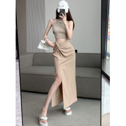 黑色開叉西裝半身裙子女夏季薄款設計感抽褶高腰中長款直筒包臀裙