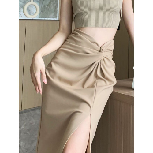 黑色開叉西裝半身裙子女夏季薄款設計感抽褶高腰中長款直筒包臀裙 黑色開叉西裝半身裙子女夏季薄款設計感抽褶高腰中長款直筒包臀裙