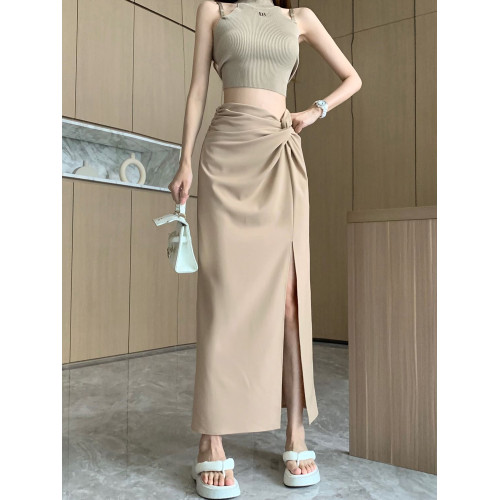 黑色開叉西裝半身裙子女夏季薄款設計感抽褶高腰中長款直筒包臀裙 黑色開叉西裝半身裙子女夏季薄款設計感抽褶高腰中長款直筒包臀裙