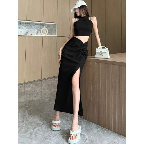 黑色開叉西裝半身裙子女夏季薄款設計感抽褶高腰中長款直筒包臀裙 黑色開叉西裝半身裙子女夏季薄款設計感抽褶高腰中長款直筒包臀裙