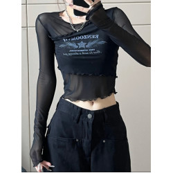 大碼胖mm美式復古罩衫長袖T恤女新款秋季不規則修身顯瘦內搭上衣