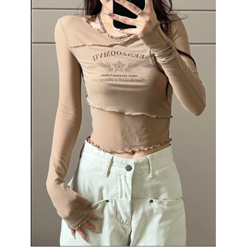 大碼胖mm美式復古罩衫長袖T恤女新款秋季不規則修身顯瘦內搭上衣 大碼胖mm美式復古罩衫長袖T恤女新款秋季不規則修身顯瘦內搭上衣