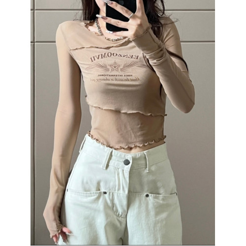 大碼胖mm美式復古罩衫長袖T恤女新款秋季不規則修身顯瘦內搭上衣 大碼胖mm美式復古罩衫長袖T恤女新款秋季不規則修身顯瘦內搭上衣